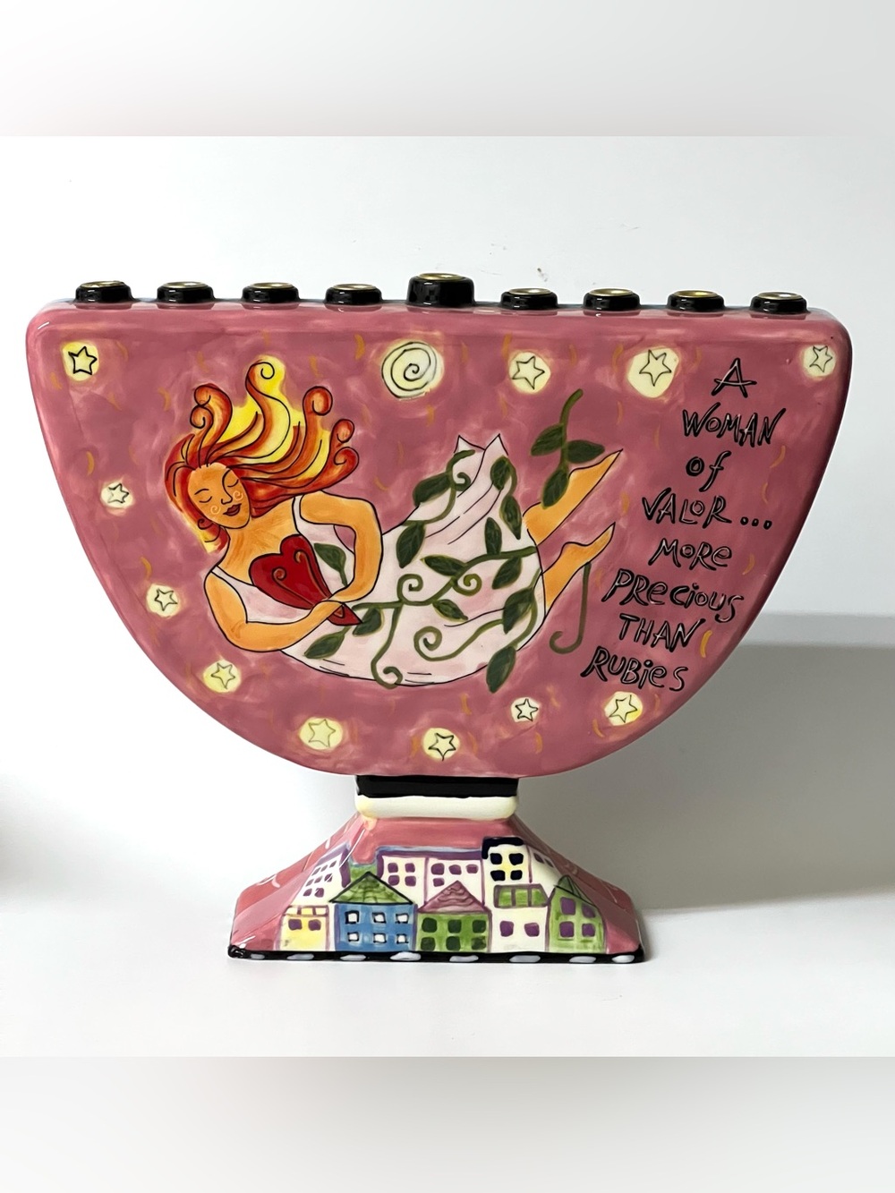 'A Woman of Valor' by Outi Handpainted Hanukkah Menorah 9 Candles Tree of Life